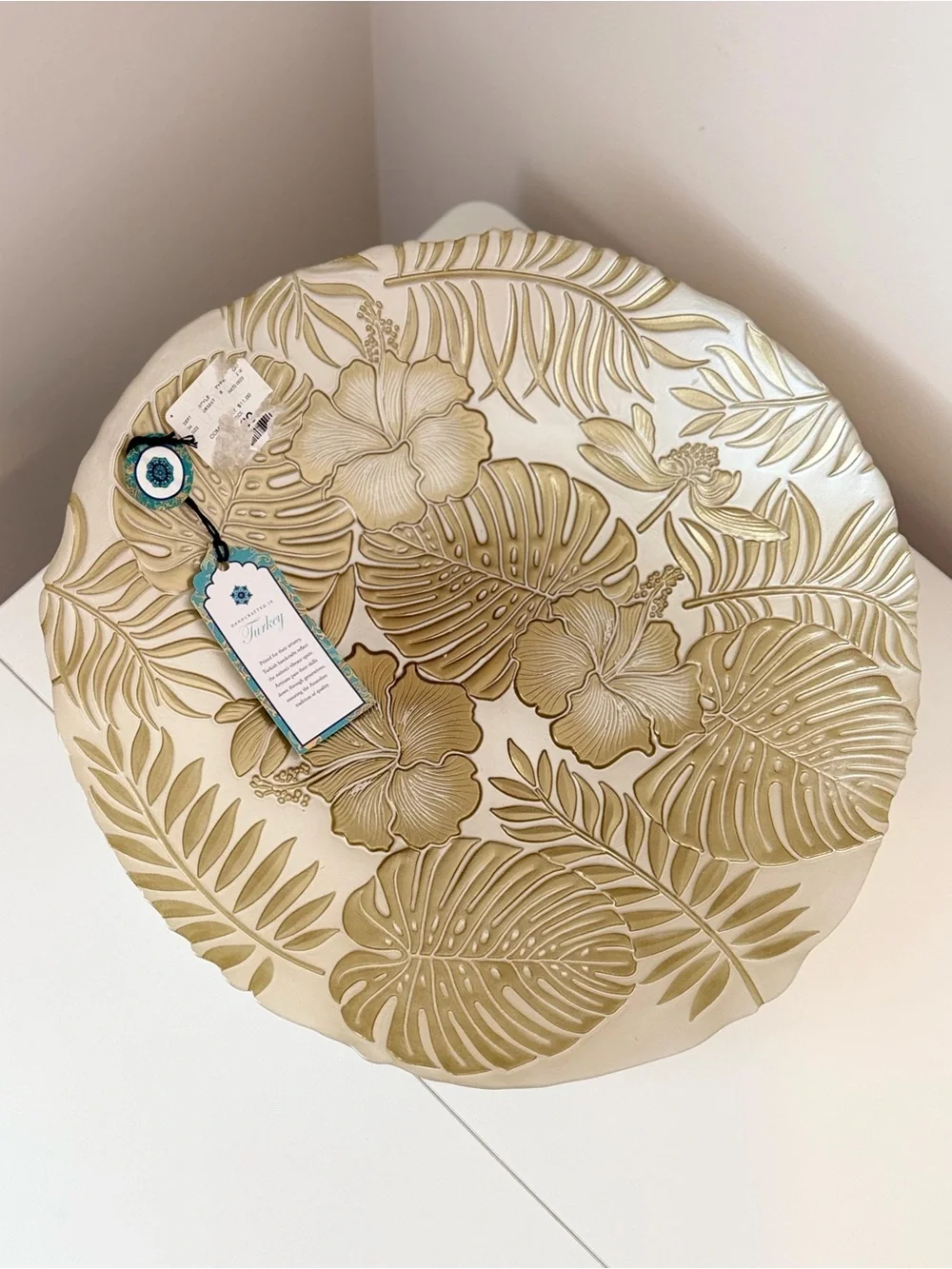 Decorative Tropical Leaf & Hibiscus Serving Bowl - Cream & Gold 13”